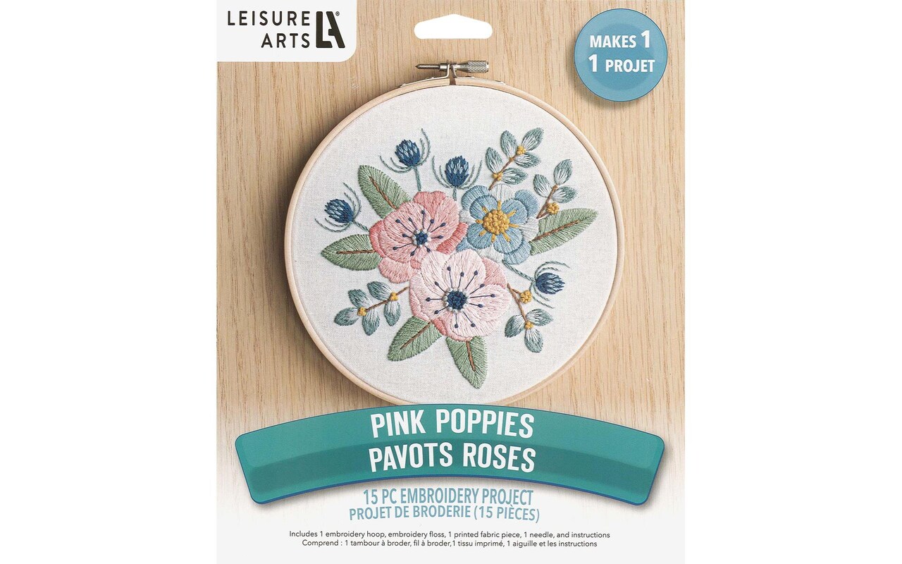 Leisure Arts Embroidery Kit 6 Pink Poppies - embroidery kit for beginners  - embroidery kit for adults - cross stitch kits - cross stitch kits for  beginners - embroidery patterns